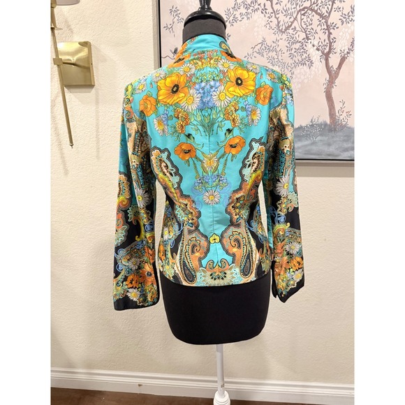 JS Collections Silk Floral Paisley Jacket Turquoise Orange Loop Button Size 6 - Picture 4 of 8